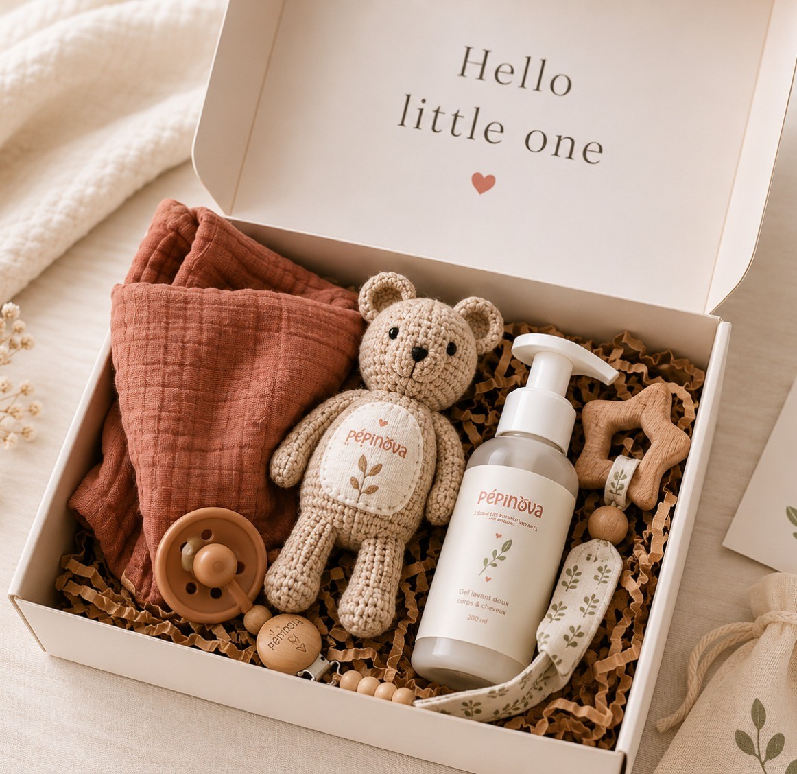 Coffret de naissance Pépinova ouvert, doudou tricoté et soins